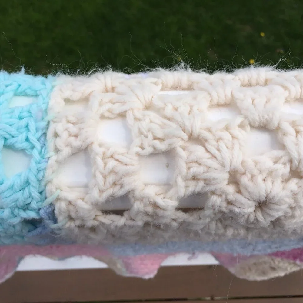 Crochet Knit Afghan Throw Blanket Granny Square Pastels Baby Pink Blue Sofa Cozy